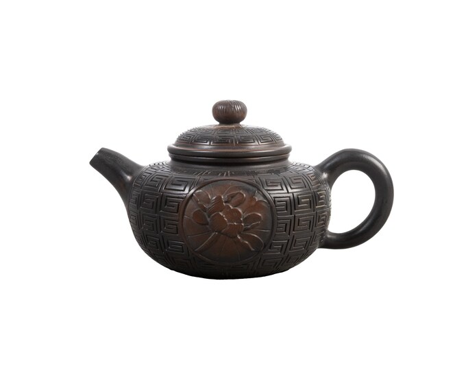 240cc Handmade Jian Shui Teapot, Carved Lotus Design