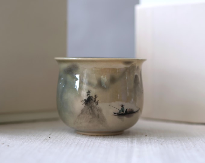 80ml Hand-Painted Ink-Style “Mountain River” Wood-Fired Tea Cup