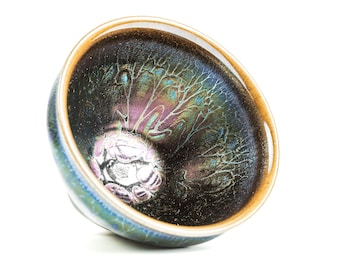 9.2/6cm Jianzhan Tenmoku Tea Bowl-Purple Colorful Flower Pattern-Chinese gongfu teawares