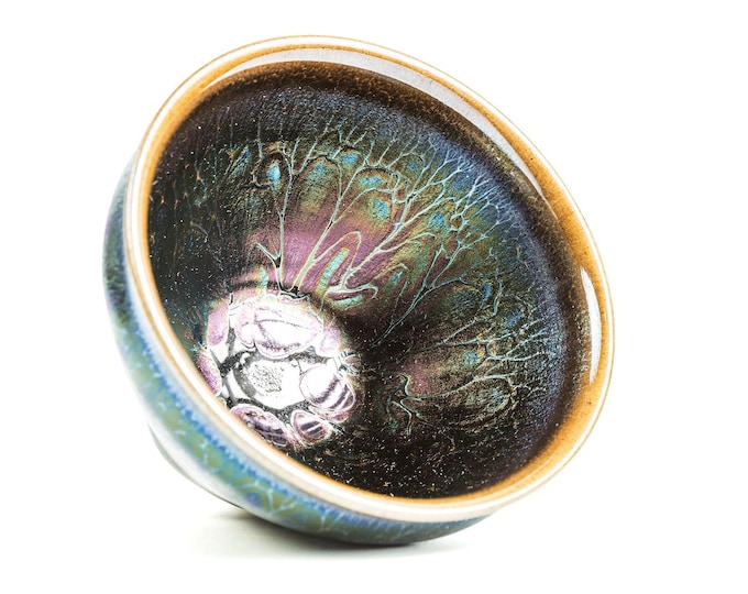 9.2/6cm Jianzhan Tenmoku Tea Bowl-Purple Colorful Flower Pattern-Chinese gongfu teawares