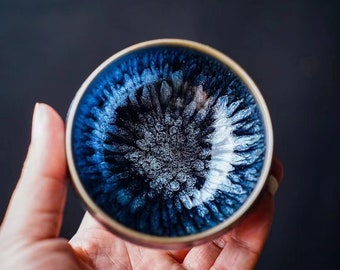 9*5cm Jianzhan Tenmoku Tea Cup,Blue Flower Oil Spot Tea Bowl