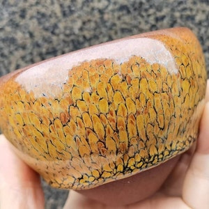 Può includere: Una piccola ciotola rotonda in ceramica con una glassa testurizzata gialla e nera. La ciotola ha un bordo leggermente rialzato e un interno liscio.