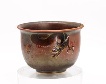 120ml / 4.06 oz Hand-painted Wood Fired Tea Cup, Purple Metallic Glaze, "Flying Dragon" Master Cup