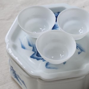 May include: Three small, white, round-bottomed cups sit on a white, octagonal serving dish with blue floral designs. The dish is placed on a white surface.