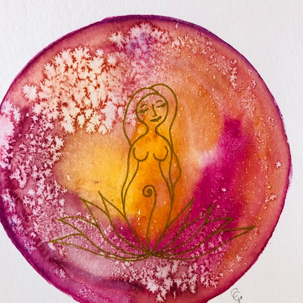 Blooming Moon Goddess / Original Aquarell Mandala / gift for her / A5