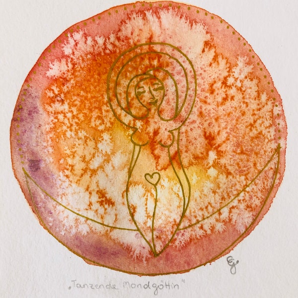 Dancing Moon Goddess / Original Aquarell Mandala / gift for her / A5