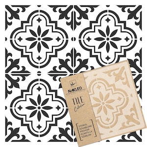 May include: A black and white floral tile pattern. A stencil with a similar design is shown on a cardboard package. The package has the words "Tile Collection" and the brand name "Nakleo" printed on it.