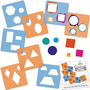 May include: Set of 8 reusable plastic stencils for kids. The stencils are in various shapes, including circles, squares, triangles, diamonds, and hexagons. The stencils are blue and orange and come in a clear plastic bag with the words "Creative Kids" printed on it.