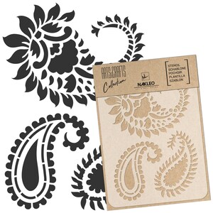 May include: A stencil set featuring black paisley designs, with a cardboard stencil sheet. The stencil sheet has the text "ARTS & CRAFTS Collection" and "NAKLEO ART & WALL DECOR". The stencils are for wall decor.
