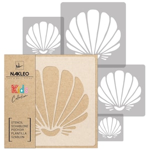 May include: Set of four reusable stencils featuring a seashell design. The stencils are made of durable plastic and are perfect for creating unique wall art, crafts, and home decor.
