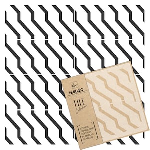 Puede incluir: Un esténcil de azulejo geométrico de la colección Nakleo Art & Wall Decor Tile. El esténcil es de color beige y presenta un patrón de zigzag repetitivo. El fondo es un patrón de zigzag en blanco y negro.