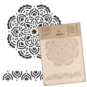 May include: A black mandala stencil and a tan stencil sheet with a matching design. The stencil sheet has the text "ARTS&CRAFTS Collection" and "NAKLEO ART & WALL DECOR". The stencil is for crafts and art projects.