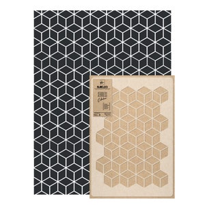 Op de afbeelding: Een zwart-wit geometrisch patroon met een sjabloon van hetzelfde patroon op een bruine achtergrond. De sjabloon is gelabeld "NAKLEO Seamless Collection".