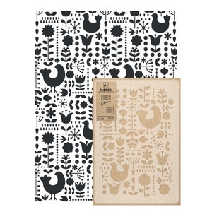 Puede incluir: Un patrón de arte popular en blanco y negro con pájaros, flores y elementos botánicos. Se ve un esténcil con un diseño similar, junto con el texto "NAKLEO ART & WALL DESIGN SEAMLESS Collection".