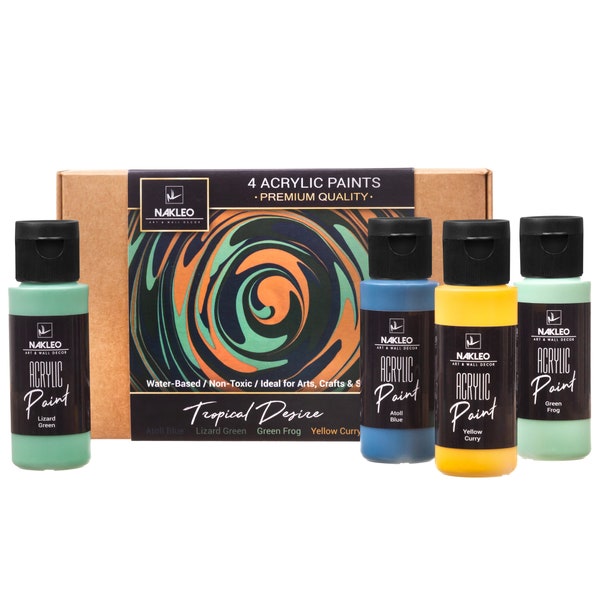 Juego de pinturas acrílicas para plantillas - 4x60ml 2oz - Tropical Desire - Azul Turquesa, Verde, Amarillo - no tóxicas a base de agua