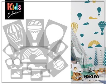 14 pcs Reusable Plastic Stencils // Hot Air Balloon - Cloud - Rainbow // 34cm to 8cm // Kids Room Decor // Nursery Template