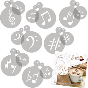 Pode incluir: Conjunto de 14 moldes de plástico reutilizáveis para arte de café. Os moldes apresentam notas musicais e símbolos em uma variedade de designs. Os moldes são cinza e brancos, com um pacote que inclui uma imagem de uma xícara de café com um design de nota musical.