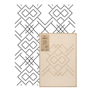 May include: A black and white geometric pattern stencil on a brown background. The stencil is made of wood and has a repeating pattern of squares and lines. The stencil is part of the Nakleo Seamless Collection.