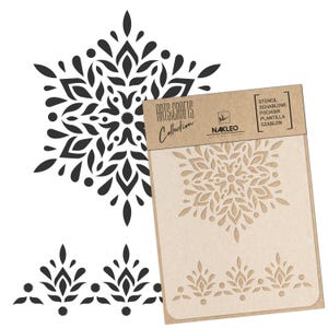 May include: A stencil set with a black floral design and a matching stencil. The stencils are from the Arts & Crafts Collection by Nakleo. The set includes a large square floral design and a smaller border design.