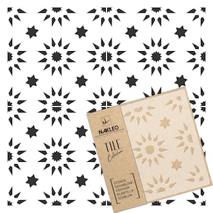 May include: A stencil sheet featuring a repeating pattern of stars and sunbursts. The stencil is made from brown paper and has the text "NAKLEO ART & WALL DECOR TILE Collection STENCIL SCHABLONE POCHOIR PLANTILLA SZABLON" printed on it.