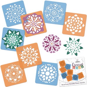 Könnte beinhalten: Set mit 8 wiederverwendbaren Kunststoff-Schablonen mit Mandala-Designs in verschiedenen Farben. Die Schablonen sind perfekt für Bastel- und Dekorationsarbeiten.