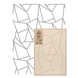 May include: A black and white geometric pattern on a white background. A brown paper stencil with a gold geometric pattern is shown in the lower right corner. The stencil has the text "NAKLEO" and "SEAMLESS Collection" printed on it.
