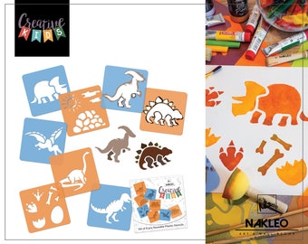 8 pcs Drawing Stencils for Kids - 15x15cm (6x6 inch) - Dinosaurs - Reusable Washable Plastic - Art and Craft Template Set - Painting