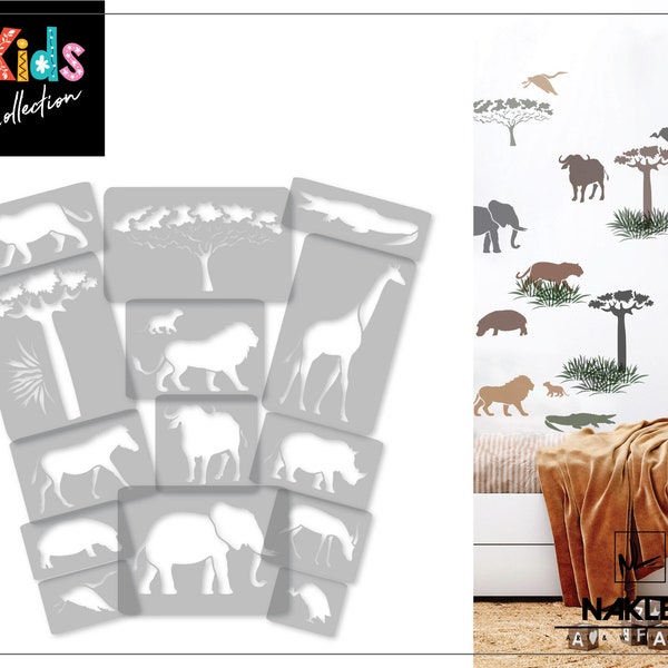 14 piezas de plástico reutilizables // ANIMALES AFRICANOS - SABANA // 34cm a 14cm // Decoración de la habitación de los niños // Plantilla