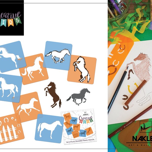 8 pcs Drawing Stencils for Kids - 15x15cm (6x6 inch) - Horses - Reusable Washable Plastic - Art and Craft Template Set - Painting