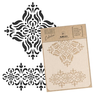May include: A stencil set with floral and ornamental designs in black. The set includes a stencil with cut-out patterns and two separate black floral designs. The packaging reads "ARTS & CRAFTS Collection" and "NAKLEO ART & WALL DECOR".
