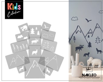 14 pcs Reusable Plastic Stencils // Mountains - Forest - Animals // 34cm to 8cm // Kids Room Decor // Nursery Template