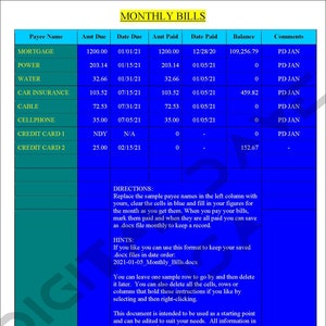 Monthly Bills Template for Microsoft Word INSTANT Digital Download (editable .docx file will be available after purchase)