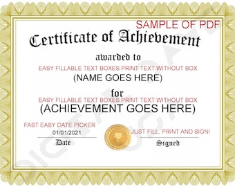 INSTANT Certificate Of Achievement Template INSTANT Digital Download (editable Docx and editable/fillable PDF available after purchase)