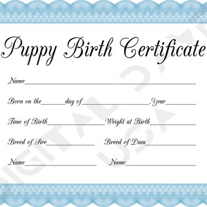 May include: A blue and white puppy birth certificate with a paw print in each corner. The certificate has the text "Puppy Birth Certificate" at the top and includes fields for the puppy's name, birth date, time of birth, weight at birth, breed of sire, breed of dam, and the names of the sire and dam.