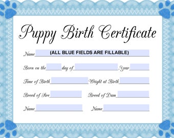 INSTANT Fillable Printable PDF Puppy Birth Certificate (blue-male) + Printable 8.5x11" 4950pX3825pX450dpi jpg - BOTH Included!