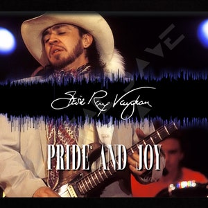 May include: A black and white photo of Steve Ray Vaughan playing a guitar on stage. The photo is in a black frame and the text "Pride and Joy" is written in white letters below the image. The signature "Steve Ray Vaughan" is written in white on a blue and black background.
