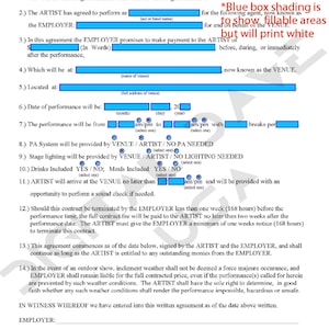 May include: A performance contract template with blue boxes for filling in details. The contract includes sections for the date, artist, employer, venue, and performance details. The document is labeled "PDF SAMPLE" with a note that the blue boxes will print white.