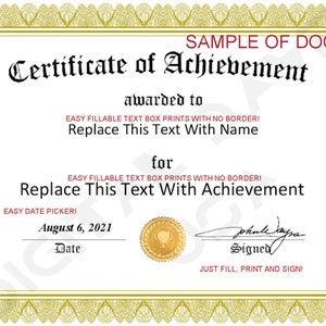 May include: A certificate of achievement with a gold filigree border. The certificate includes the text "Certificate of Achievement", "awarded to", and "for", with placeholders for name and achievement. The date is August 6, 2021.