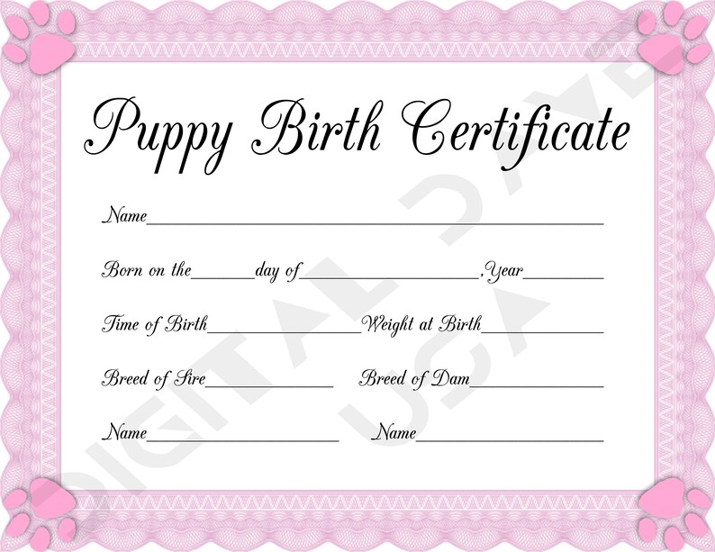 INSTANT Fillable Printable PDF Puppy Birth Certificate (pink-female ...