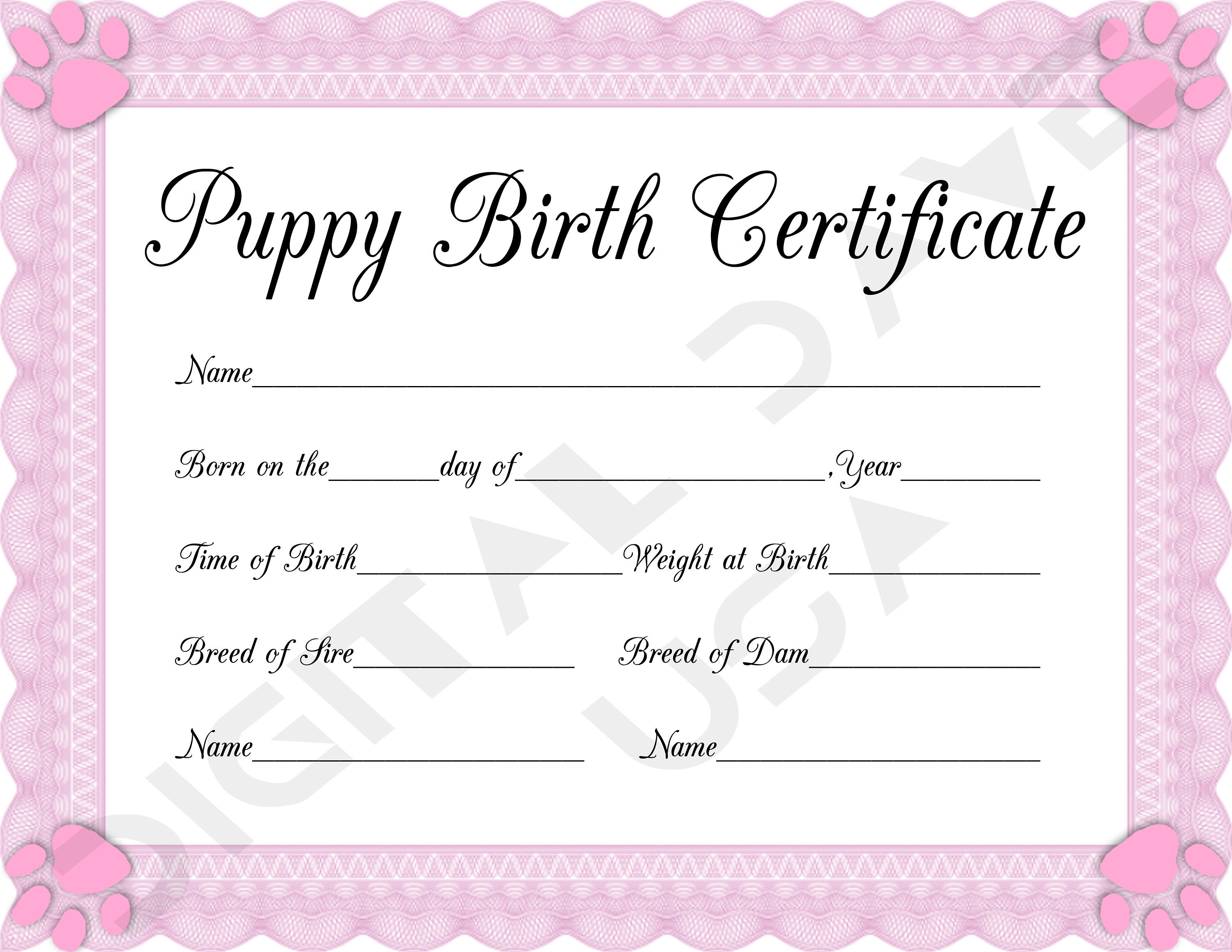 INSTANT Fillable Printable PDF Puppy Birth Certificate (pink-female ...