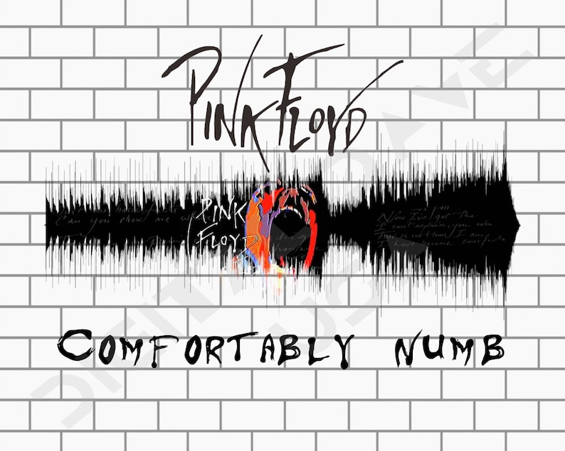 Pode incluir: Um gr&aacute;fico de onda sonora preto e branco com o texto "Pink Floyd" e "Comfortably Numb" em um fundo de parede de tijolo branco. O gr&aacute;fico de onda sonora inclui uma imagem vermelha, laranja e roxa de uma boca gritando.