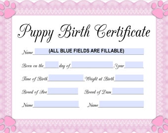 INSTANT Fillable Printable PDF Puppy Birth Certificate (pink-female) + Printable 8.5x11" 4950pX3825pX450dpi jpg - BOTH Included!