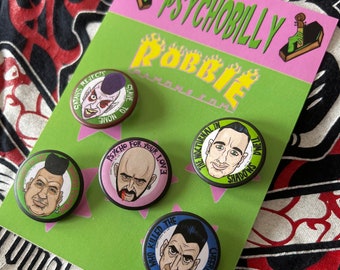 Psychobilly Buttons Set: The Meteors, Mad Sin, Tiger Army, Nekromantix, Demented Are Go, stay psycho, punk rock badges, horror punk badges