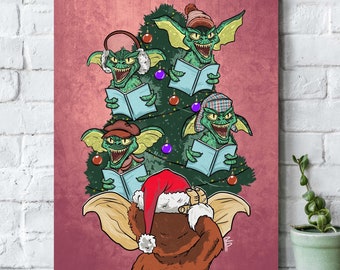 Gremlins Art Print, Gremlins Wall Print, Merry Christmas Poster, Gremlins Decoration, Cool Wall Home Decor, Creepy Christmas Illustration