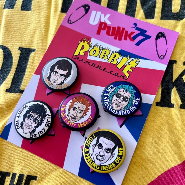 Ensemble de badges punk britanniques, Angleterre 1977, épingles de musique punk, macarons punk rock, meilleurs groupes punk de 1977, Anarchy in the UK, The Clash, The Damned, sous-marins britanniques