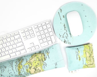 Ergonomic Keyboard & Mouse Wrist Rests | Adjustable Buckwheat Hull Filling, Breathable, Washable Cover, Australian, World Map Pattern