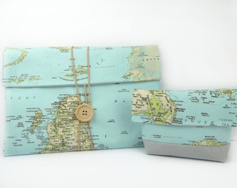 Handmade World Map Laptop Sleeve: Padded MacBook Cover, Tech Pouch Option