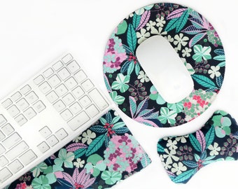 Natural Wrist Rests for Keyboard & Mouse (Buckwheat Hulls\Washable Cover) Australian Handmade (Tropical Floral) Gift for Her, Birthday Gift