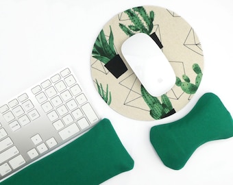 Buckwheat Hulls Wrist Rest Set for Keyboard and Mouse | Adjustable, Breathable Filling |  Ergonomic, Washable cover, Handmade, Cactus