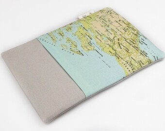 Book Sleeve with World Map Pocket, iPad Tablet Case, Padded Kindle Cover, Travel Lover Gift, Handmade Cotton E-Reader Sleeve